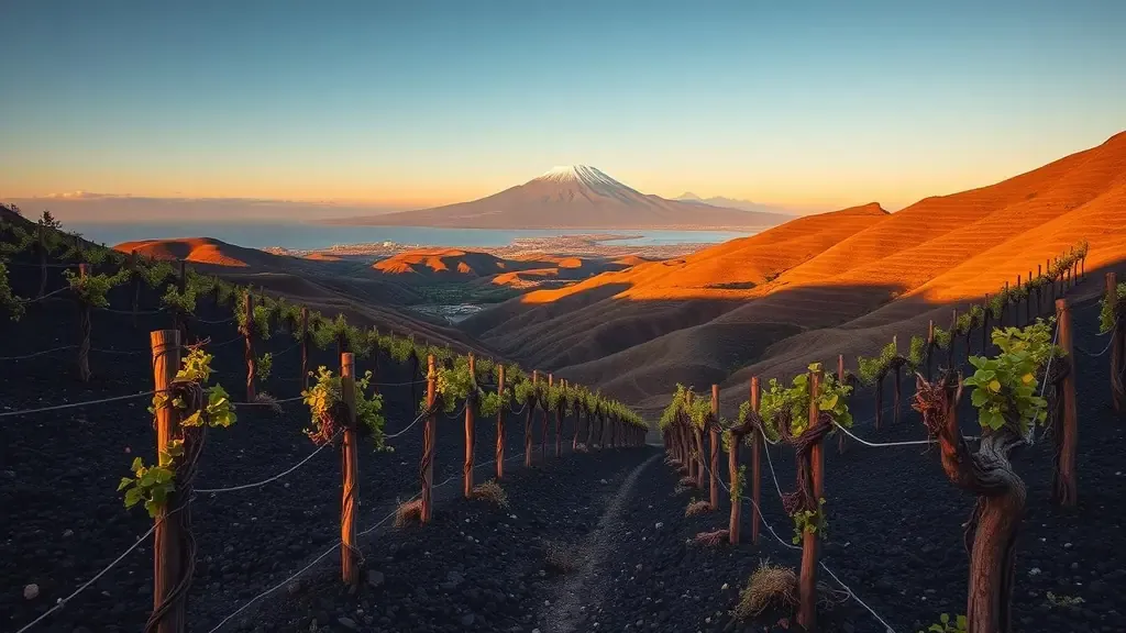 Viñedos de medianías con el Teide al fondo, en Tenerife